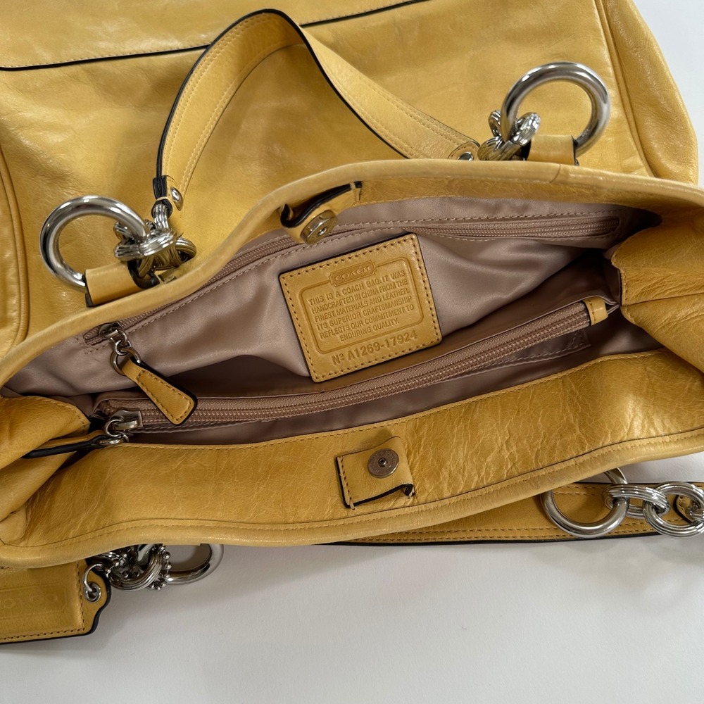 Coach Yellow Leather Tote Bag Silver Chain Strap Front Pocket Flap Closure - Picture 2 of 8